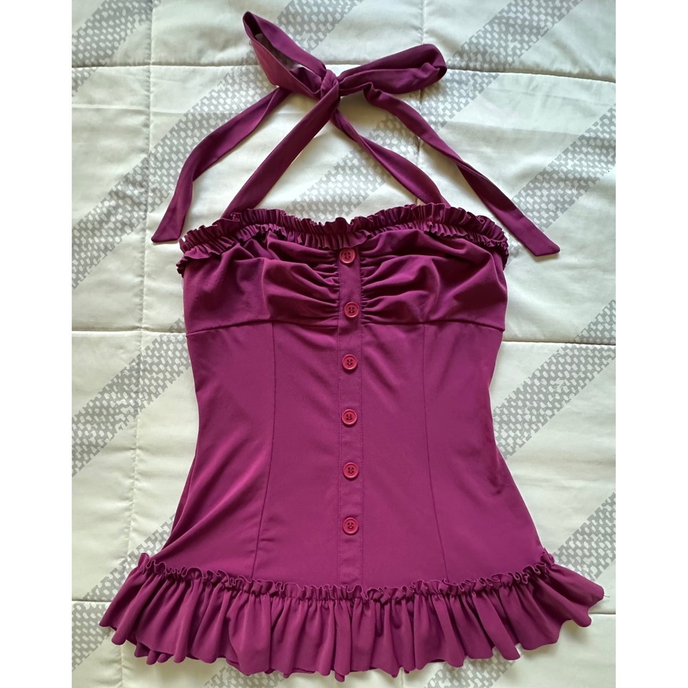 Alexia Admor Magenta Purple Ruffle Hem Halter Tank Top XS Coquette Y2K Vintage